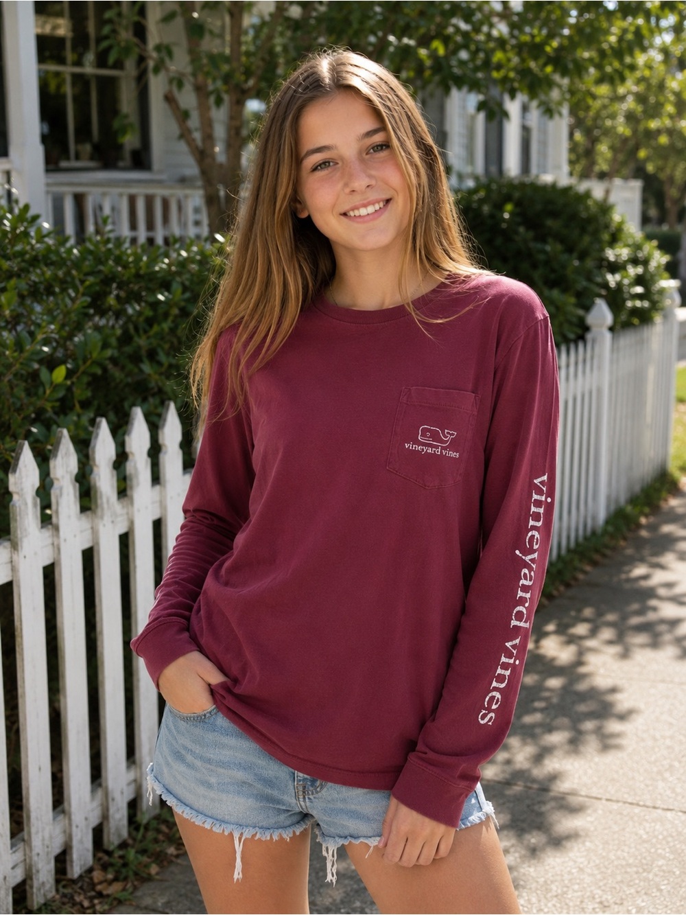 Vineyard Vines Girls XL Burgundy Long Sleeve Pocket Tee Whale Logo Shirt